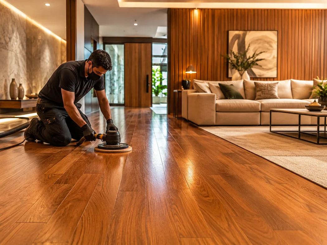 Profissional realizando raspagem e restauração de piso de madeira em sala moderna